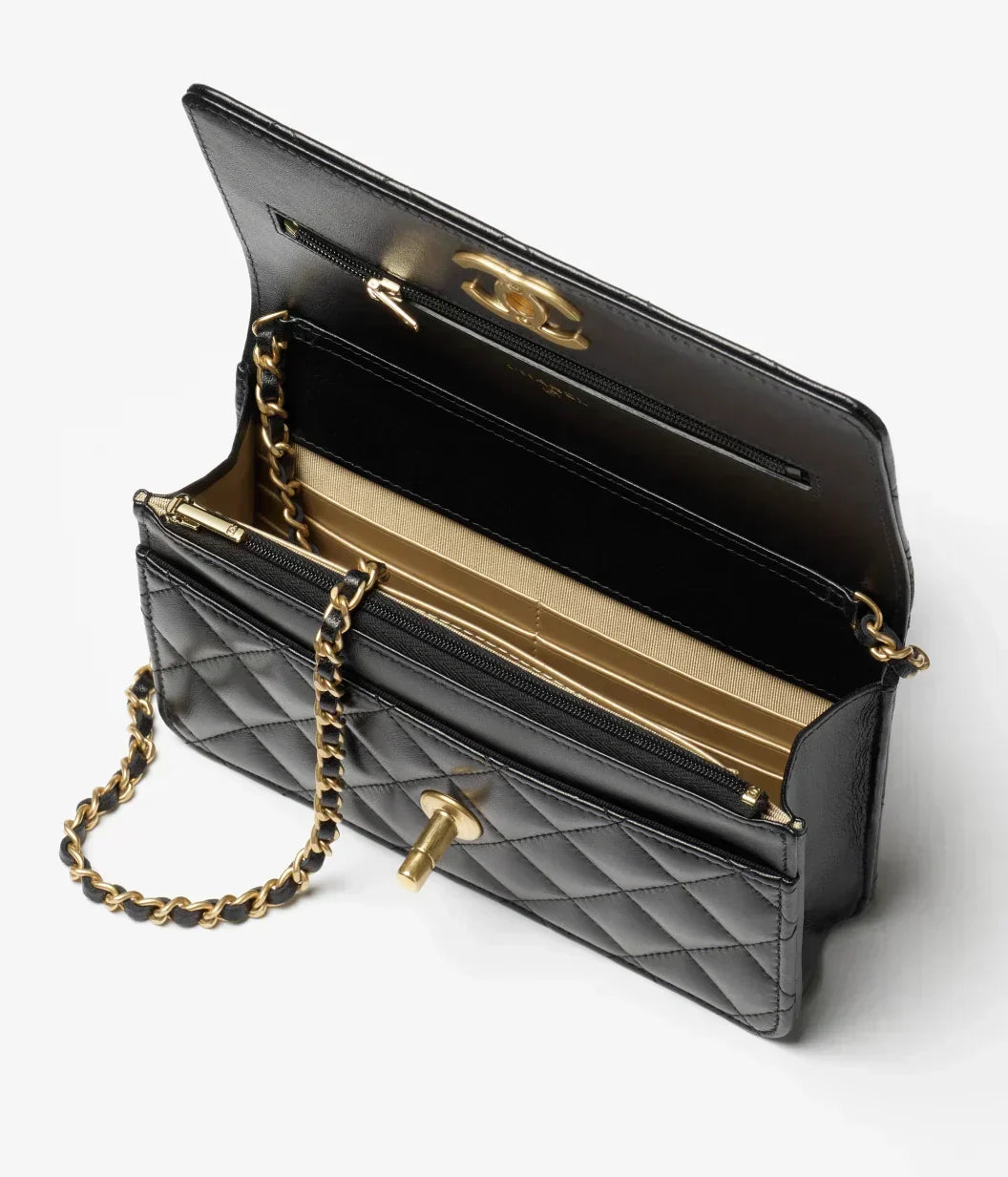 Wallet On Chain Shiny Lambskin Pearls Gold Tone Metal Bag
