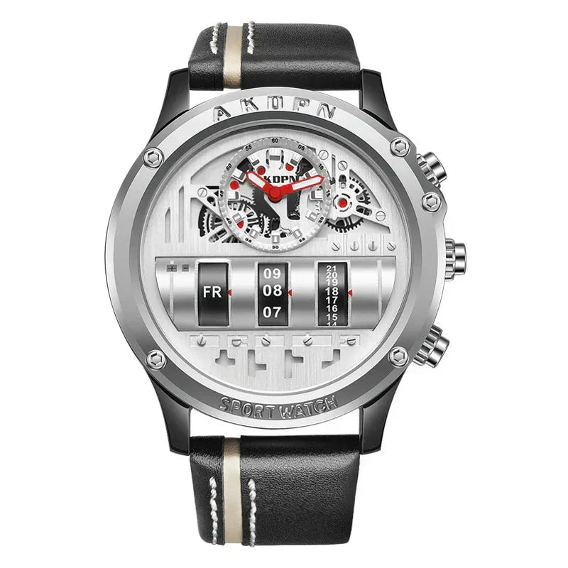 Stylish Quartz Men's Watch with Unique Rotating Date and Leather Strap - Military-Inspired Casual Timepiece